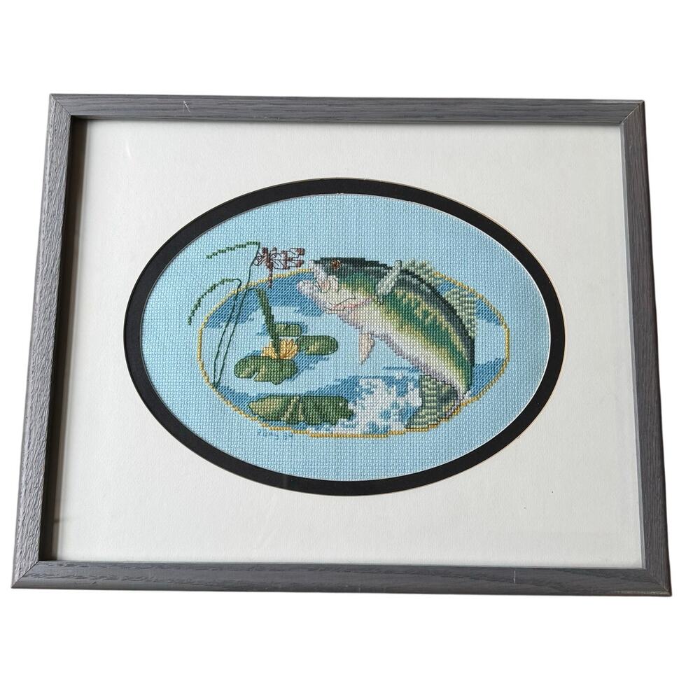Largemouth Bass Fishing Cross Stitch Framed Needlework Lake Scene Wall Art 12x15